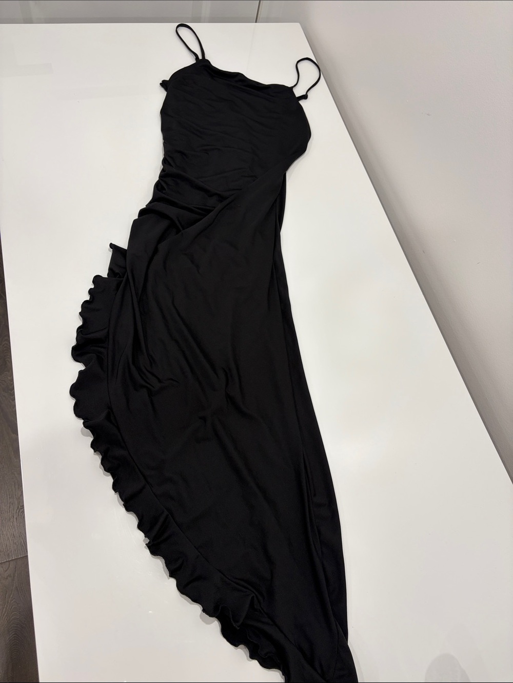 Black Slip Maxi Dress with Ruffle Hem - Women's